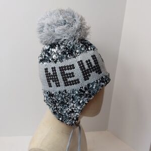 Robin Ruth New York Beanie Ear Flaps With Pom Pom Ties Black Grey NWT